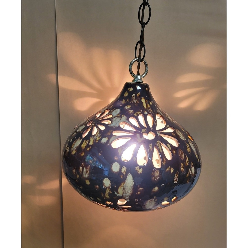 Vintage Handmade Ceramic Swag Lamp Brown‎ Drip Glaze Floral Cutout Pendant Light